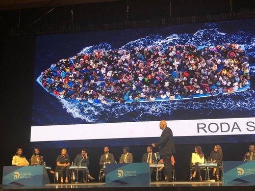 Baku Forum 2019, panelists with boat. By Heaven Crawley. Used with permission.